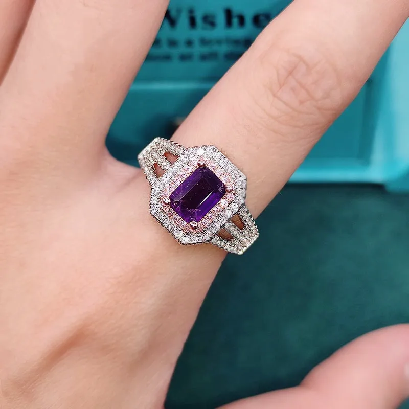 Fashionable and luxurious multi-purpose natural amethyst emerald cut double-color open-ended precious stone ring for women