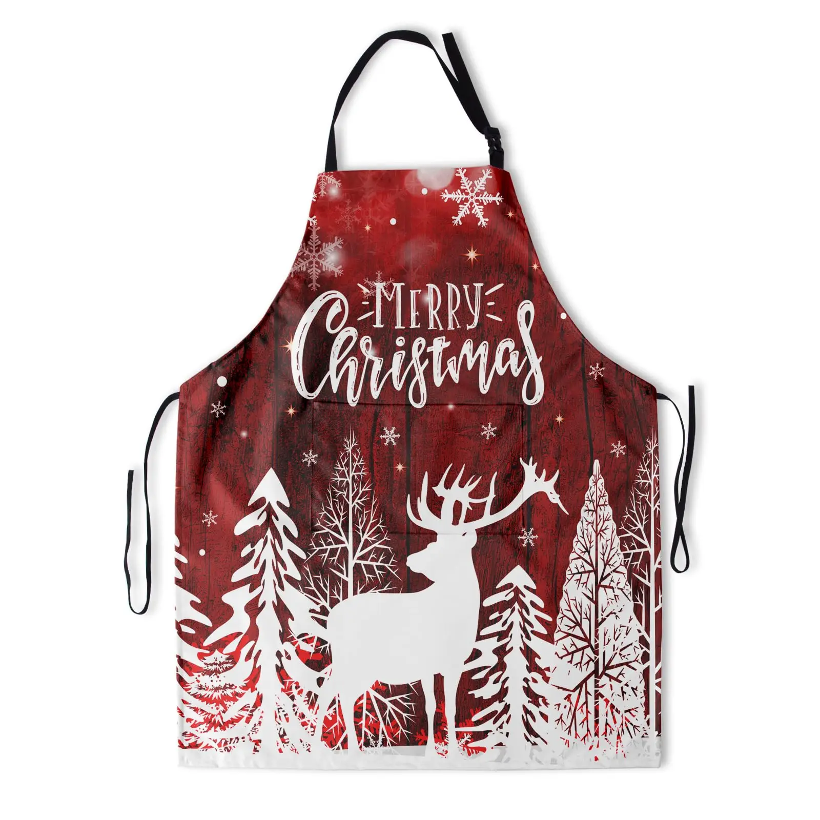

Happy Christmas Apron with Pockets and Adjustable Bibs - Waterproof Snowflake Snowfield Apron