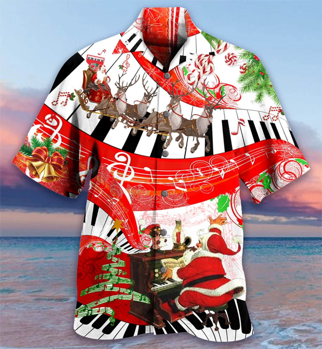 New Men's Shirts Christmas Day Theme Kawaii Hawaiian Short Sleeve Oversize Button Shirts Summer Beach Wear