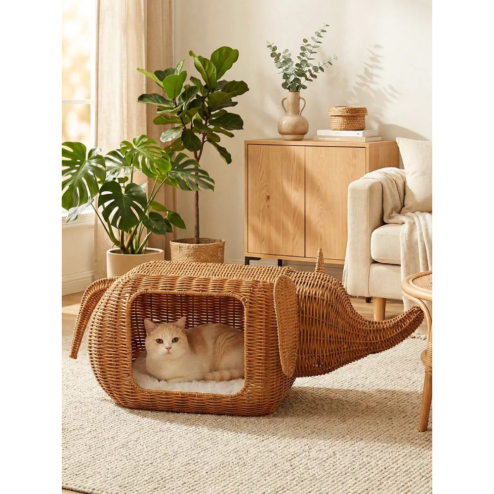 

35 x 12 x 13 in Elephant Cat Bed for Indoor Cats, Handwoven Wicker Cat House with Plush Cushion for Large Cats and Kittens