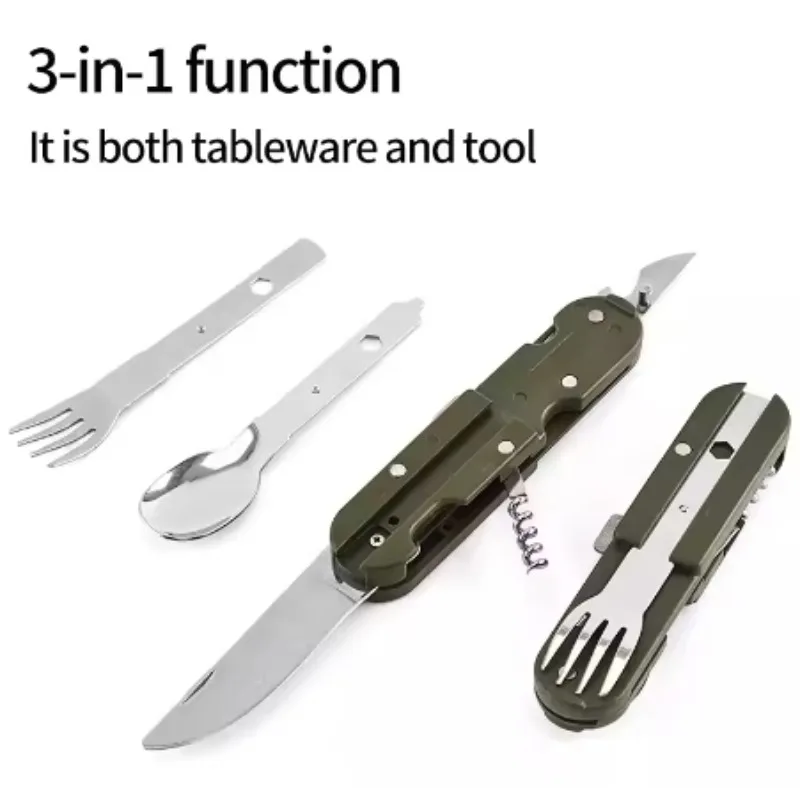 سكين أدوات مائدة للتخييم والنزهات من الفولاذ المقاوم للصدأ، شوكة، ملعقة، مناسبة للتخييم في الهواء الطلق، أدوات مائدة فتاحة زجاجات محمولة قابلة للطي