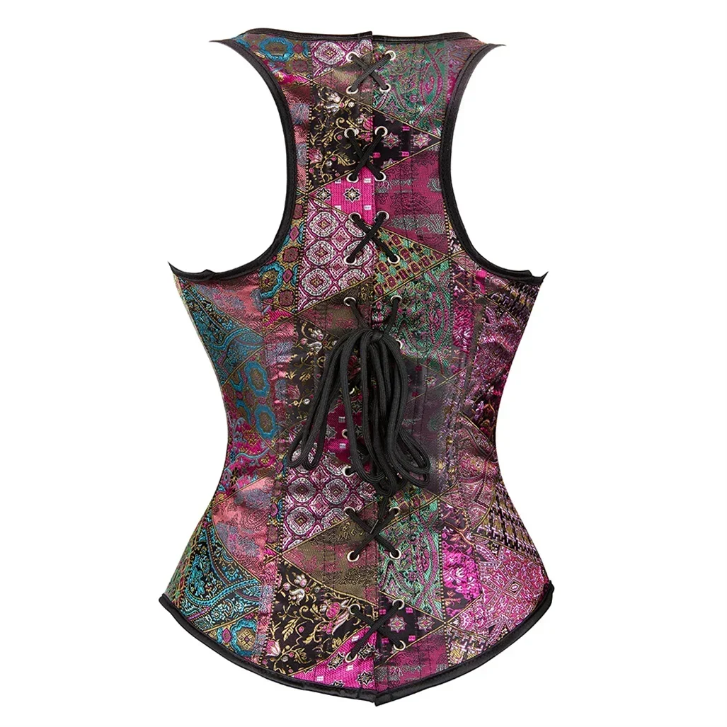 Woman Corset Floral Embroidery Bustier Underbust Lace Up Boned Vest Sexy Straps Brocade Corsage Carnival Party Costume Plus Size