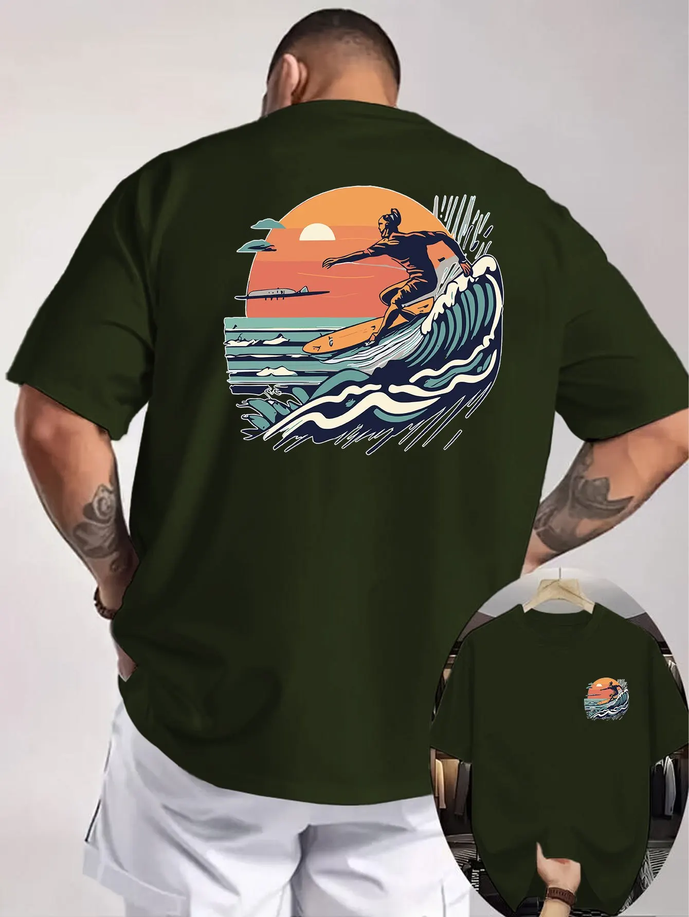 Surfing Sunset Graphic Tee Men Summer Casual Round Neck Breathable Cotton Short Sleeve T-Shirt