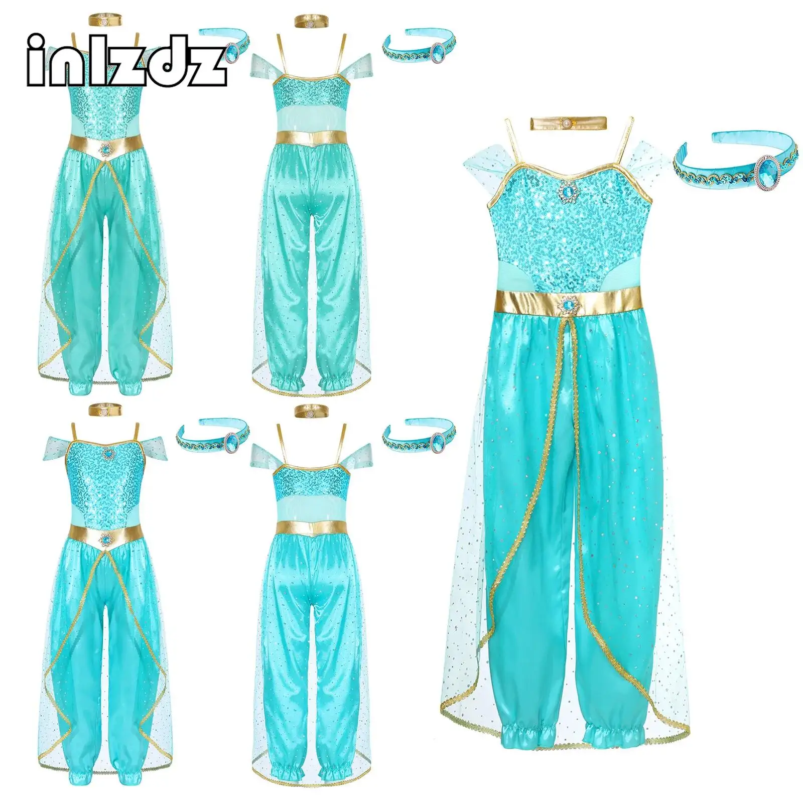 

Kids Girl Halloween Fairy Tale Arabian Princess Cosplay Costume Belly Dance Sleeveless Jumpsuit with Choker And Gem Headwear Set