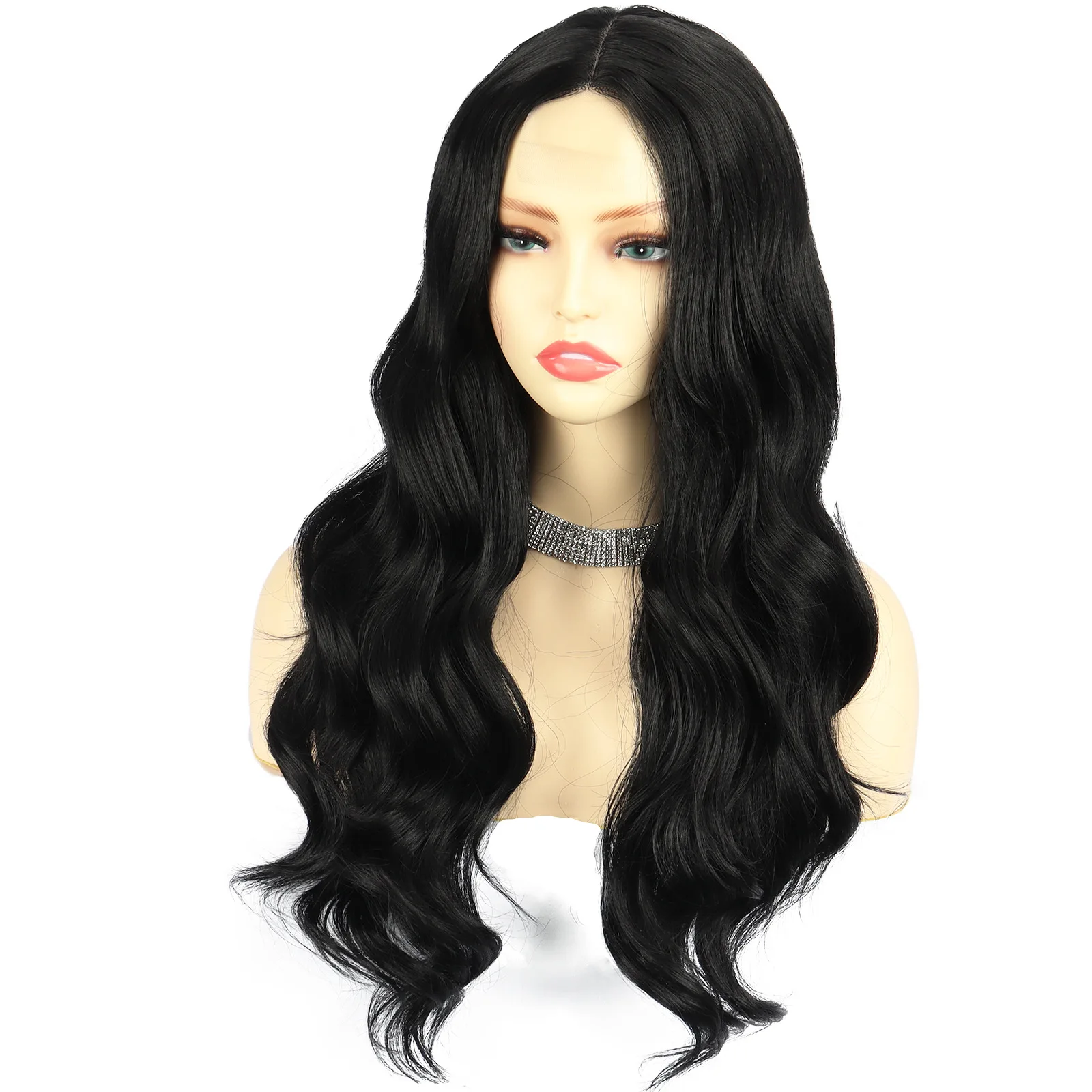 Women\'s Black Long Curly Hair Chemical Fiber Headwear Glueless lace wig