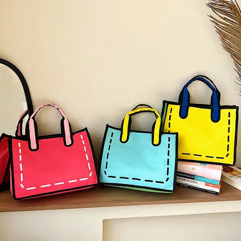 

1Pc Large Capacity Cute Shoulder Bag Portable Double Handle Handbag Simple Casual Shopping Bag 2D 3D Three-Dimensional Handbag