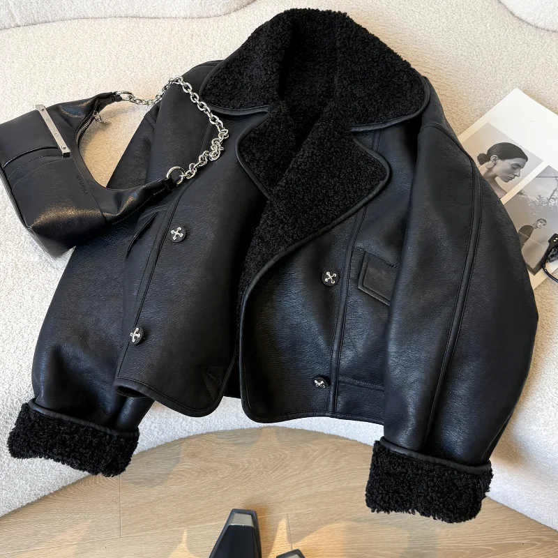 Giacca in Pelle Bla con Pelliccia per Donna, Stile Invernale Coreano, Abbigliamento da Moto, Top Premium per Signore