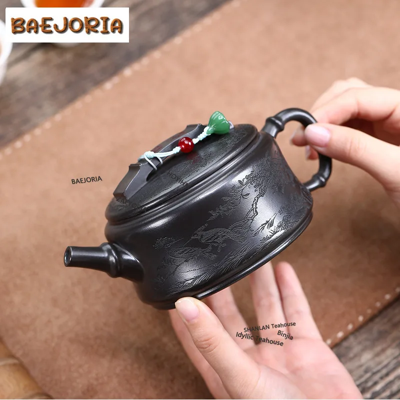 BAEJORIA 330ml Yixing Purple Clay Teapots Hand-carved Large Caliber Pot Raw Ore Stone Yellow Mud Kettle With Infuser Zisha Tea