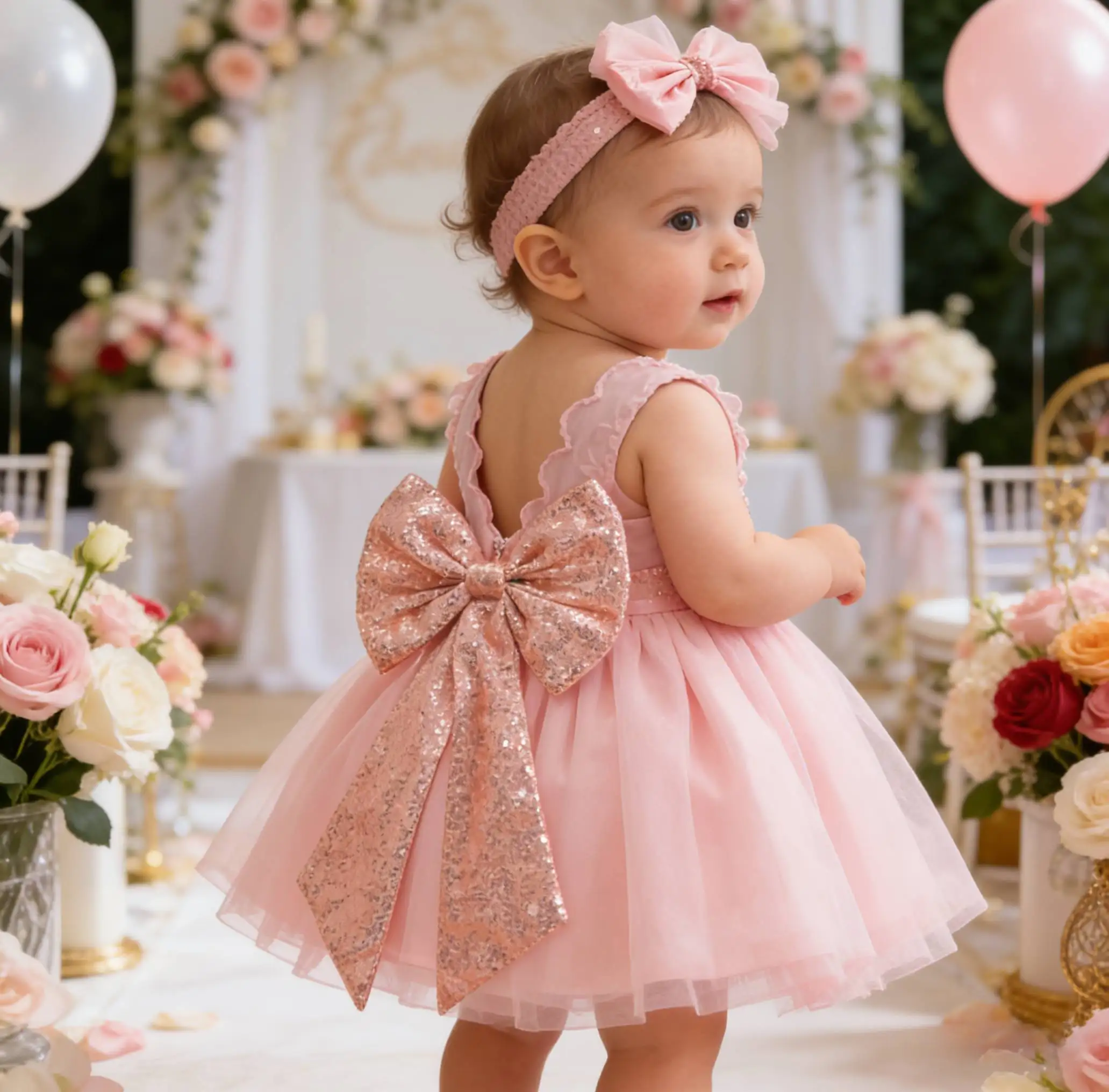New Elegant Infant Dress for Girls Baby 1st Birthday Party Dress 2026  pink Wedding Princess Dress kid Clothes Festive Dress