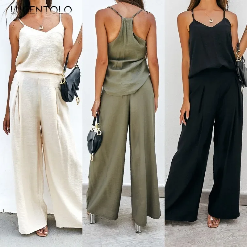 Women Casual Two-piece Set Sexy Off-the-shoulder Suspenders Tops Fashion High Waist Frilled Wide Pants Elegant Street Party Wear