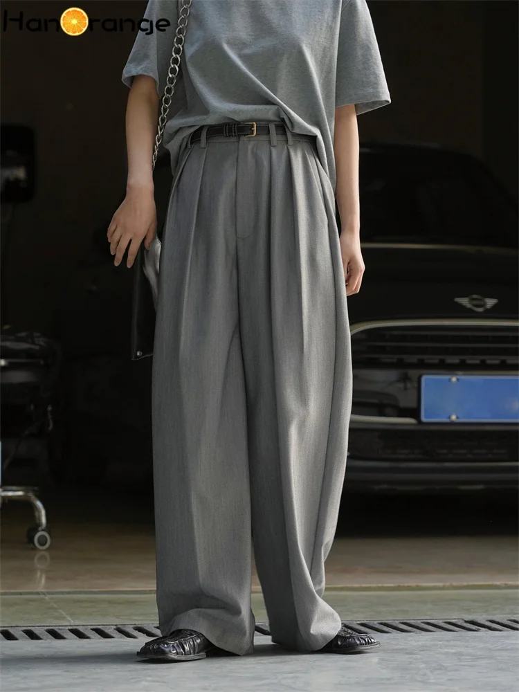HanOrange 2025 Summer Retro Pleated Wide Leg Pants Smooth Drape Loose Casual Trousers Apricot/Gray/Navy Blue