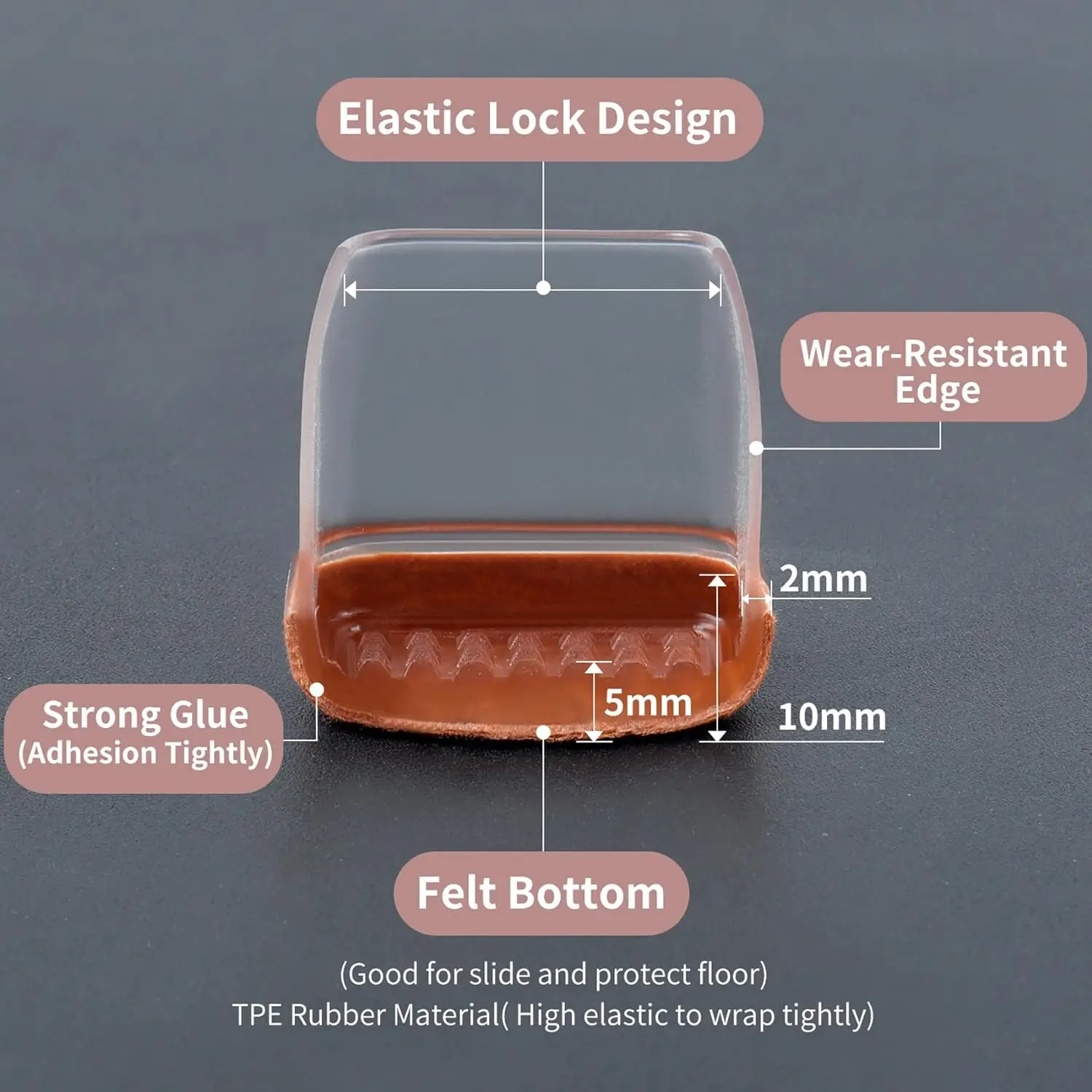 8 Stück rechteckige Stuhlbein-Bodenschutzkappen aus Silikon mit Filzfuß-Endkappen, Breite 22-32 mm, für Stühle und Tische, geräuscharm – Detail 2
