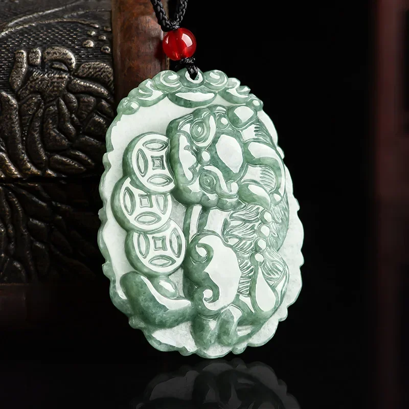 Natural A Cargo Emerald Handmade Carved God Beast Pendant Fashion Boutique Jewelry Male Women's Money Jade Neck Chain