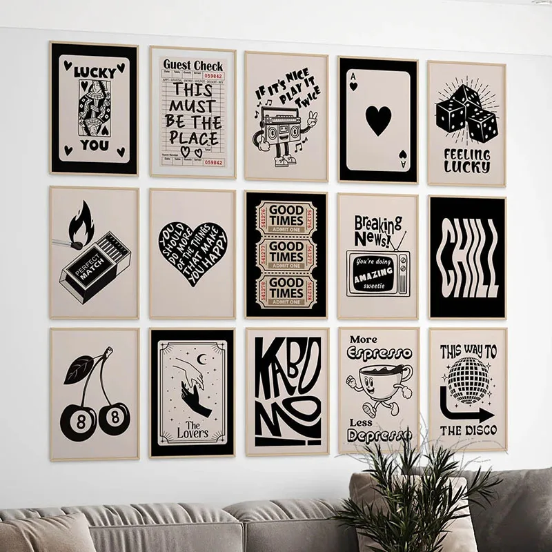 Trendy Retro Aesthetic Black Beige Ace Card Lucky You Funny Art Wall Art Canvas Painting Y2K Dorm Posters For Living Room Dec