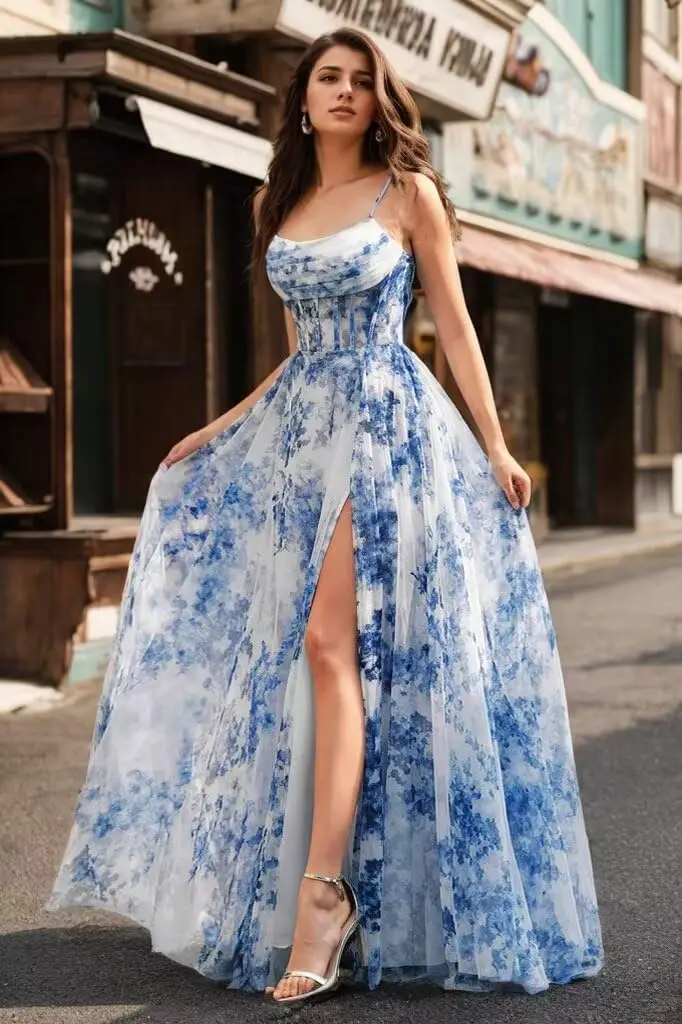 

Floral Tulle Corset Prom Dresses for Women 2025 Cowl Neck A-Line Formal Evening Gowns with Slit Formal Dress Women Elegant