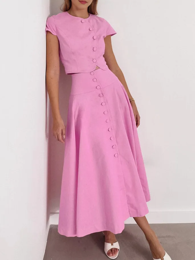 Elegant A-line Long Dress Set Women's Two-Piece Pink Top And Skirt Ensemble