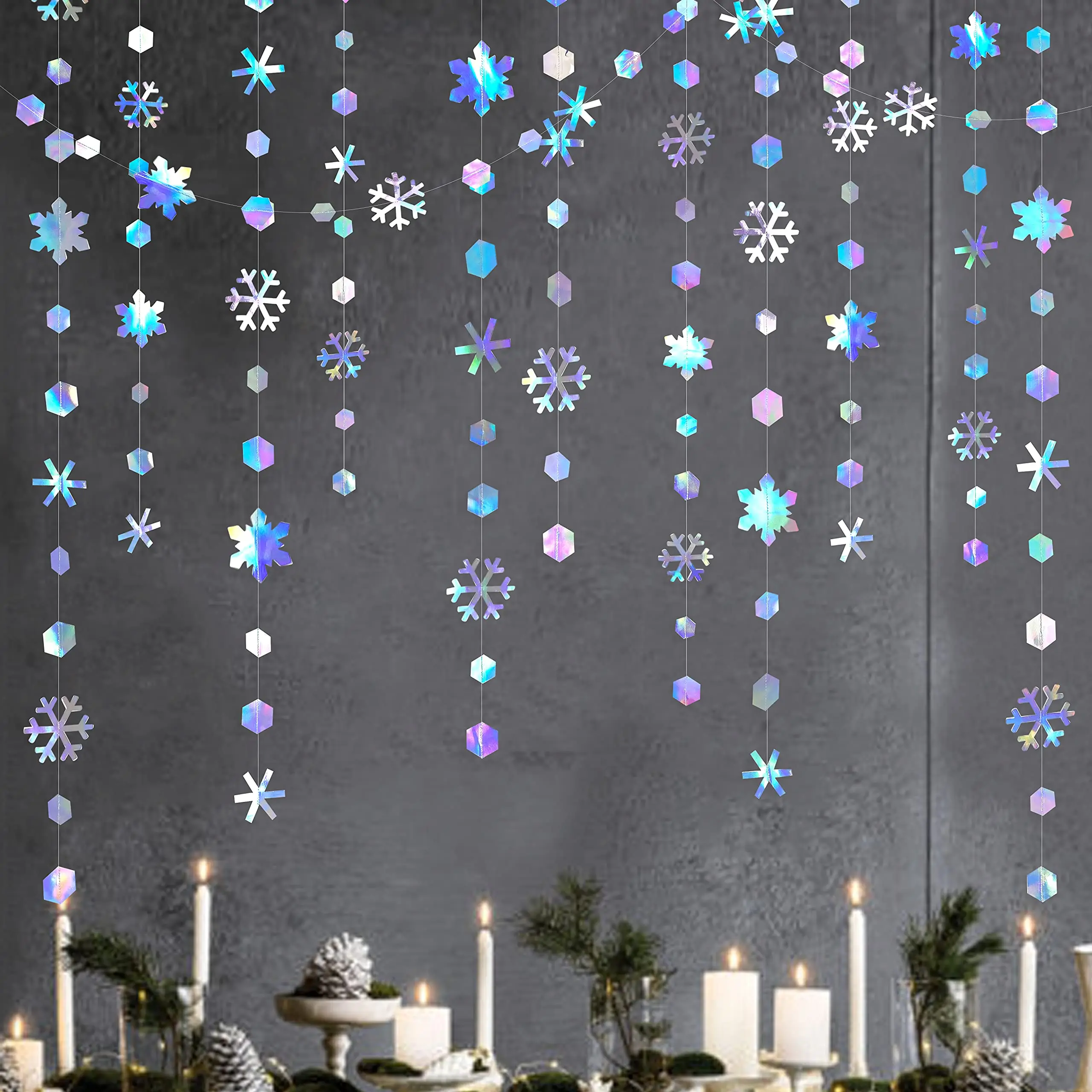 4/8/12/16m iridescente floco de neve guirlandas papel flocos de neve pendurado congelado fontes de festa de aniversário casamento inverno país das maravilhas decoração