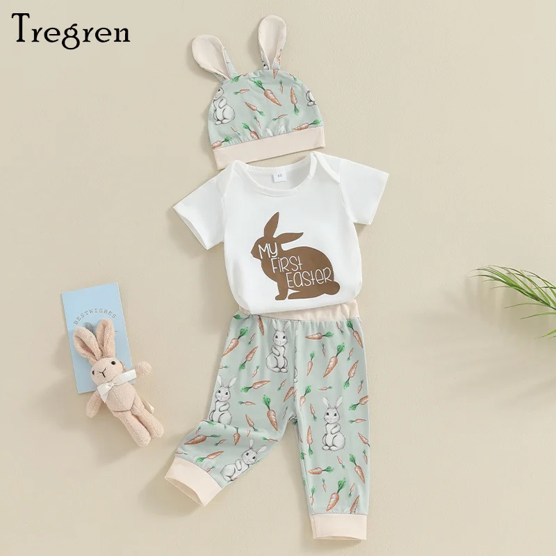 

Tregren 0-18M Newborn Baby Boys Easter Outfits Short Sleeve Bunny Graphic Romper + Pants + Hat 3pcs Set Summer Infant Clothes