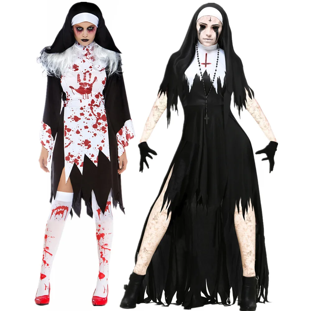 The Demon Scary Sinful Sister Costumes Long Robes Lady Halloween Carnival Spooktacular Bloody Nun Cosplay Fancy Dress