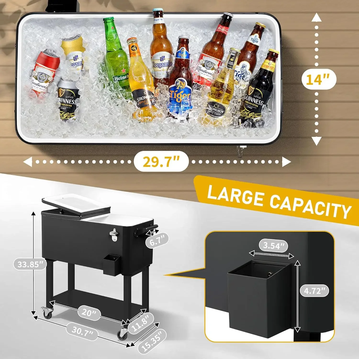 80 Quart Rolling Ice Chest Cooler Cart on Wheels, Portable Outdoor Drink Cooler & Beverage Cart for Patio Porch Deck Beach Party view 2