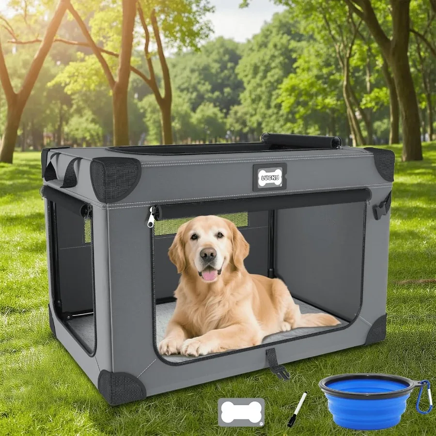 36 Inch Collapsible Dog Crate for Large Dogs with 3Door Design Foldable Soft Kennel Featuring Breathable Mesh Windows Soft Plus