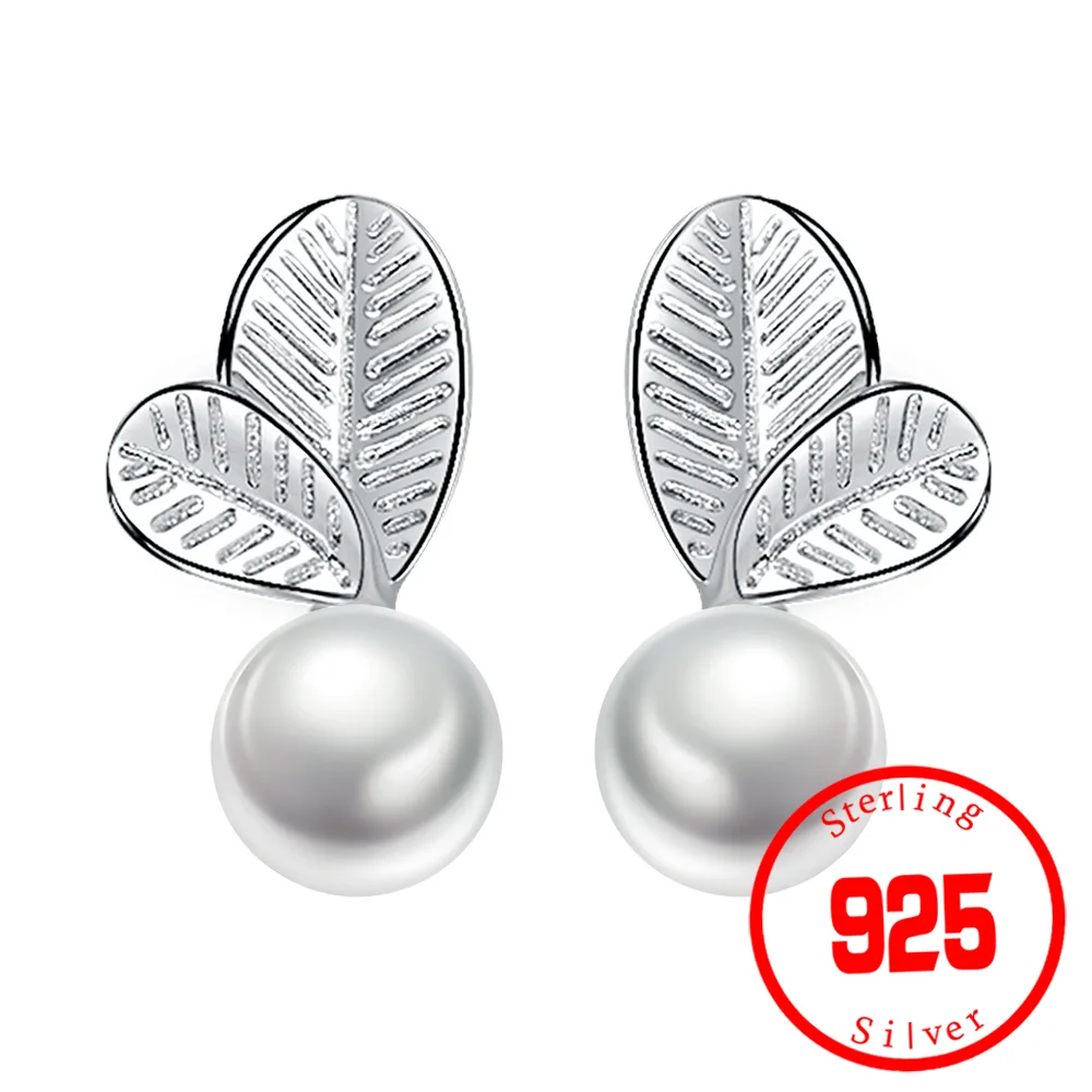

S925 Stamp Silver New Women Fashion Jewelry High Quality Freshwater Pearl Simple Leaf Retro Stud Earrings
