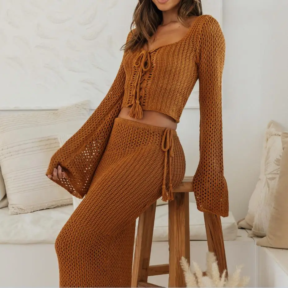 

Yiiciovy Sexy Womens 2 PCS Summer Outfits Beach Cover-Ups Long Sleeve Cross Tie-up Front Knit Crop Tops Long Skirt Set Beachwear