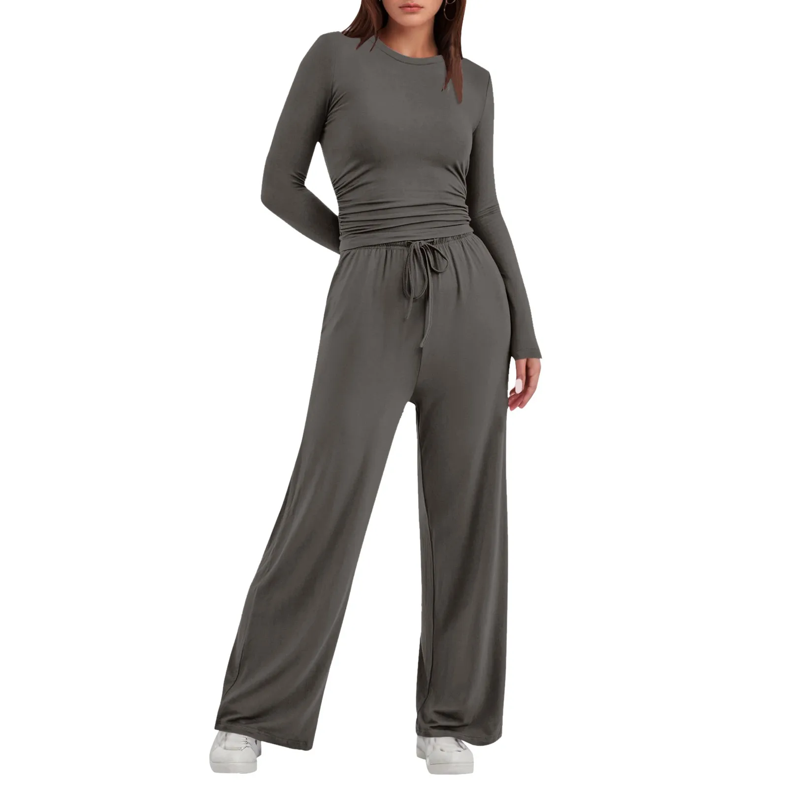 Women's Casual Solid Long Sleeve Sweater Slim Fit Suit Short Top And Loose Pants Set Autumn Winter Home Round Neck Outdoor Sets