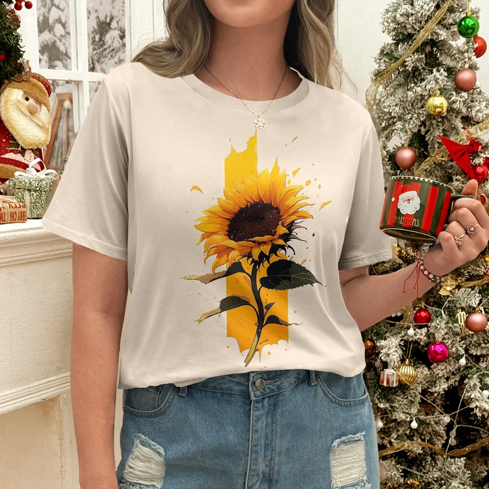 

Женская повседневная повседневная свежая универсальная футболка больших размеров с коротким рукавом Sunshine Vitality Wind Rice White Sunflower Printed