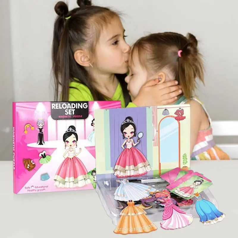 Rompecabezas magnético 2 en 1 para niños, juego de simulación de princesa, pegatina, vestido de muñeca de papel, juego de juegos de viaje, juguete de actividades en coche