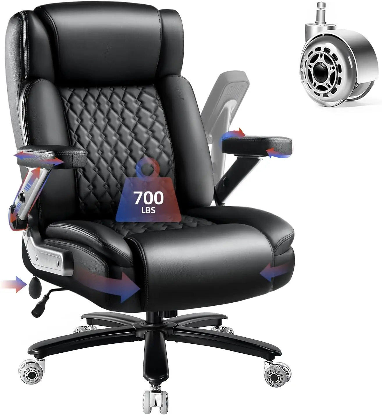 Cadeira de escritório resistente de 700LBS com braços 5D, cadeira de mesa executiva com encosto alto, suporte lombar ajustável, rodas duplas de borracha (preto