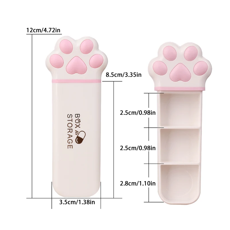 1PC Mini Cat Paw Storage Box Portable Small Size One Day Box Multi-Functional Three Grid Storage Medicine Jewelry Box