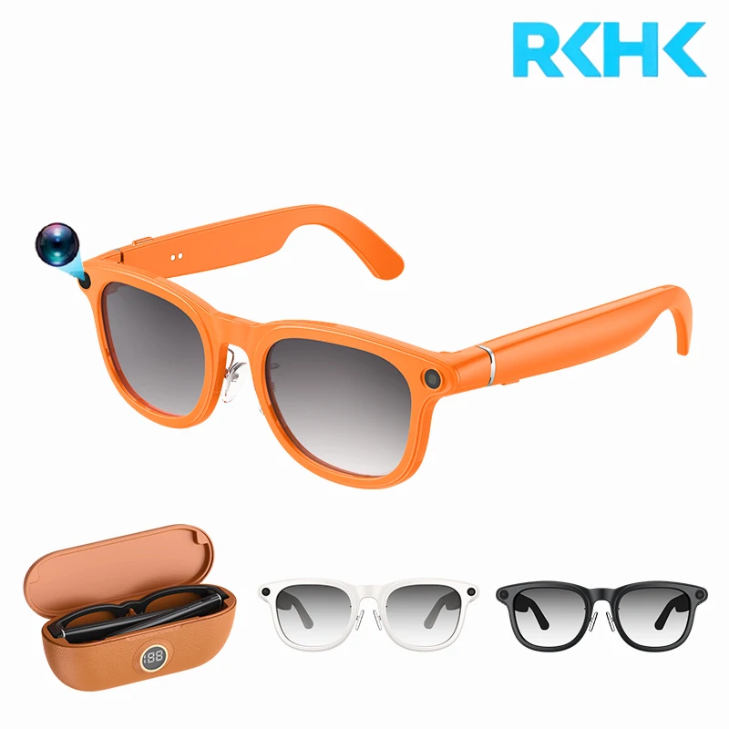 RKHK Smart AI Audio Glasses BT Open Ear Headphones Camera Translation Voice Assistant with Charging Case
