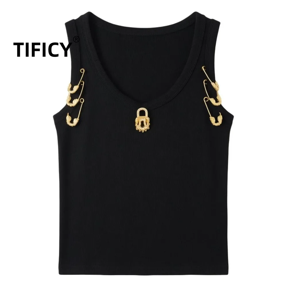 High Street Tank Women's Heavy Duty Key Metal Buckle Clip Decorative Round Neck Sleeveless Slim Fit Short Tanks Tanks