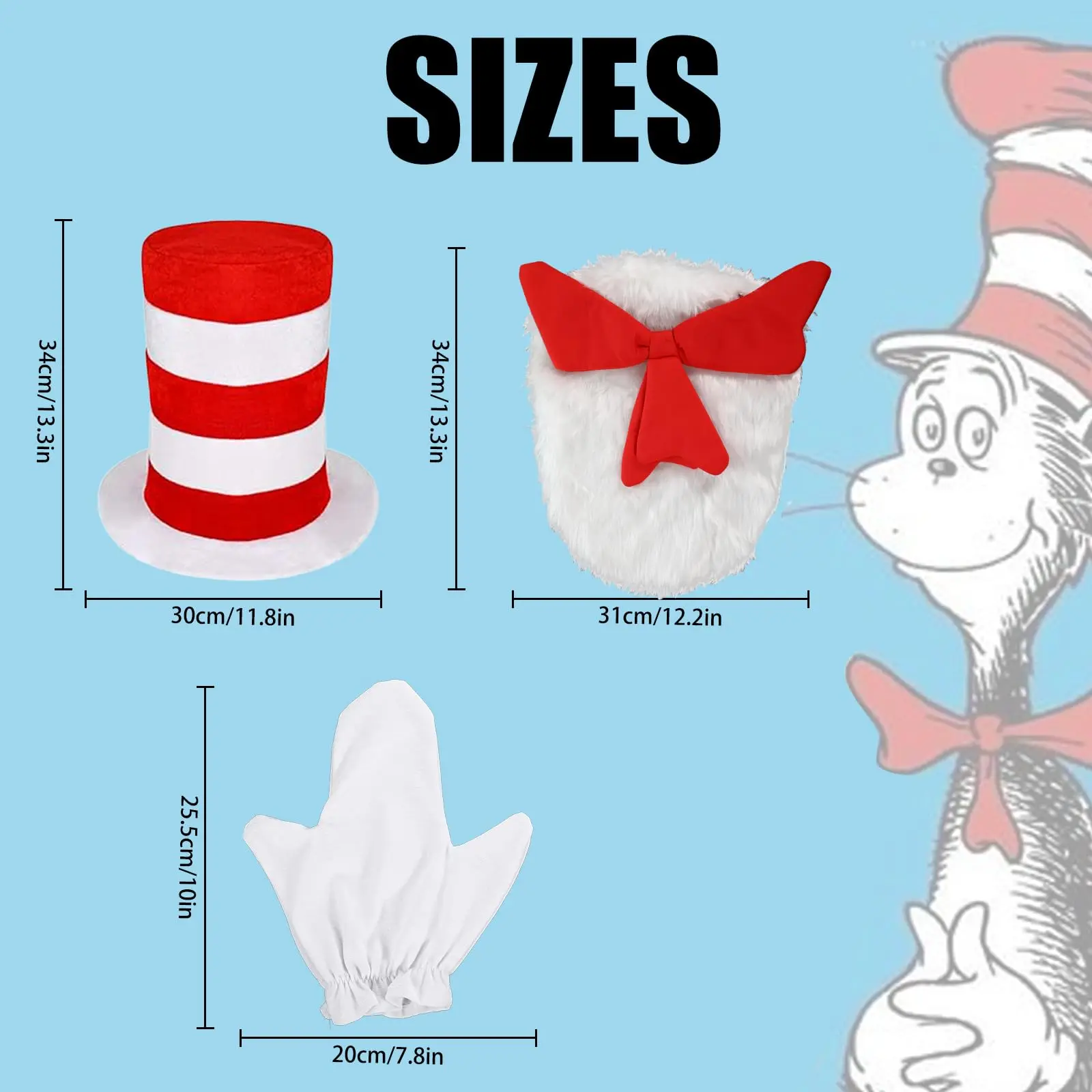 ชุดหมวกแมวสำหรับผู้ใหญ่ หมวกทรงสูงลายทางสีแดงขาว พร้อมโบว์ผูกคอขนฟูและถุงมือ สำหรับวันโลกแห่งหนังสือ ปาร์ตี้ฮาโลวีน และงานแต่งกายแฟนซี