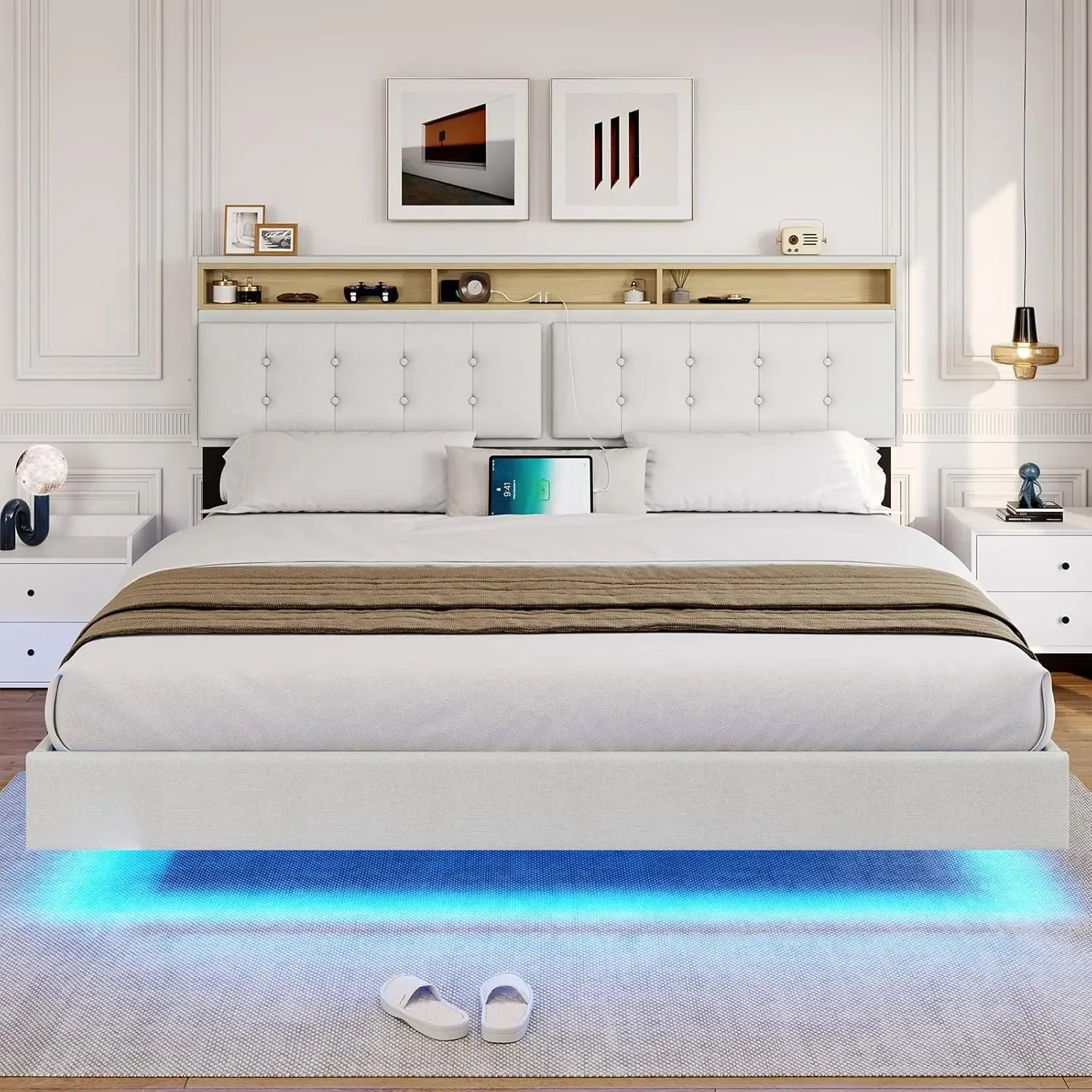 King Floating Bed Frame with Led Lights and Charging Station Modern King Size Visual Floating Platform Bed with Storage Headboar