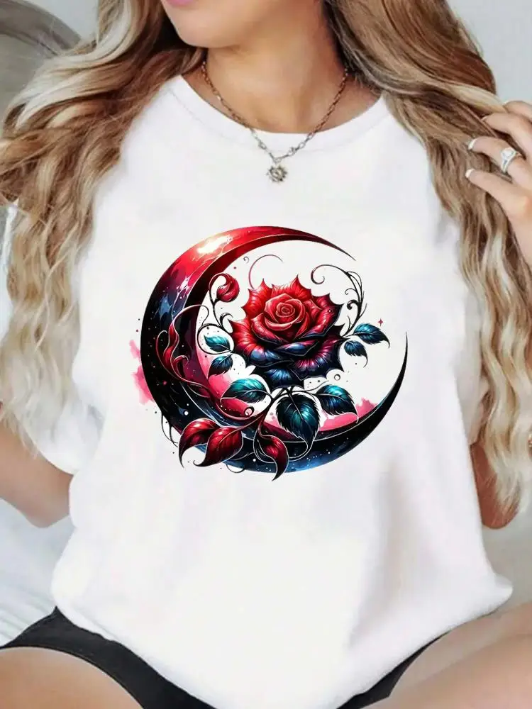 T-shirt a maniche corte Popolare Casual Donna T-shirt grafiche Moda Amore Tendenza Fiore Abiti carini Stampa T-shirt con o-collo