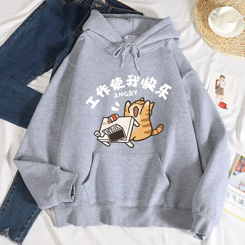 Street Women\'S Hoodies The Orange Cat Who Upset The Work Prints Pullover Pocket Warm Fleece Soft Sweatshirt Autumn Winter Hoody