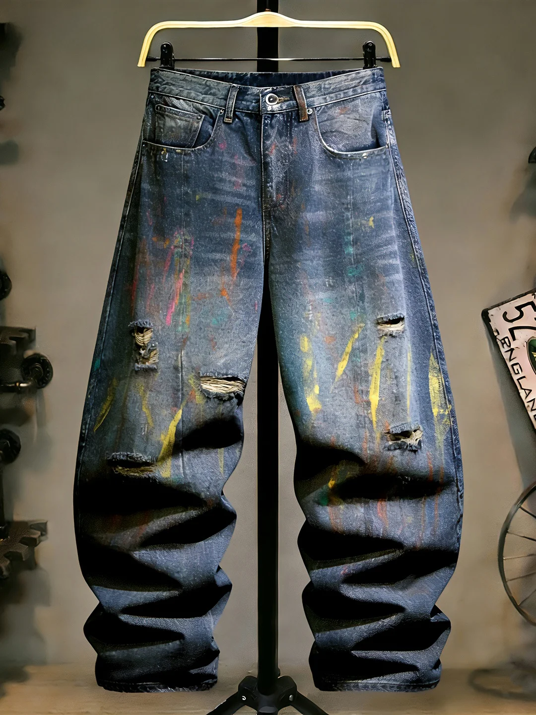 

Retro Loose Straight Leg Men's Jeans fiti Hole Punch Poor Man Sle High Street Cool Versatile Bend Knife Pants Casual Fa...