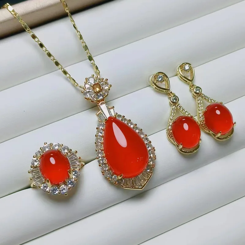 Natural ice seed925Silver-plated three-piece set with red agate, elegant design, includes pendant, ring, and earrings with green