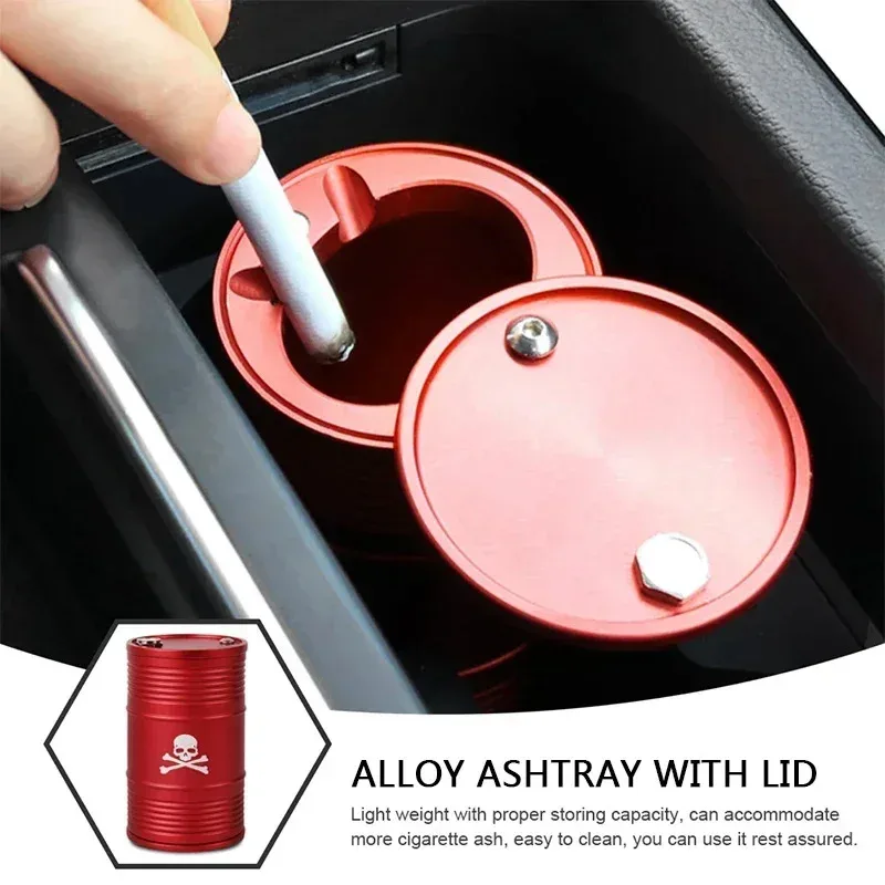 Creative Oil Drum Shape Skull Car Ashtray Alloy With Lid Rotating Holder Cigarette Smoke Remover Cup Interior Accessories