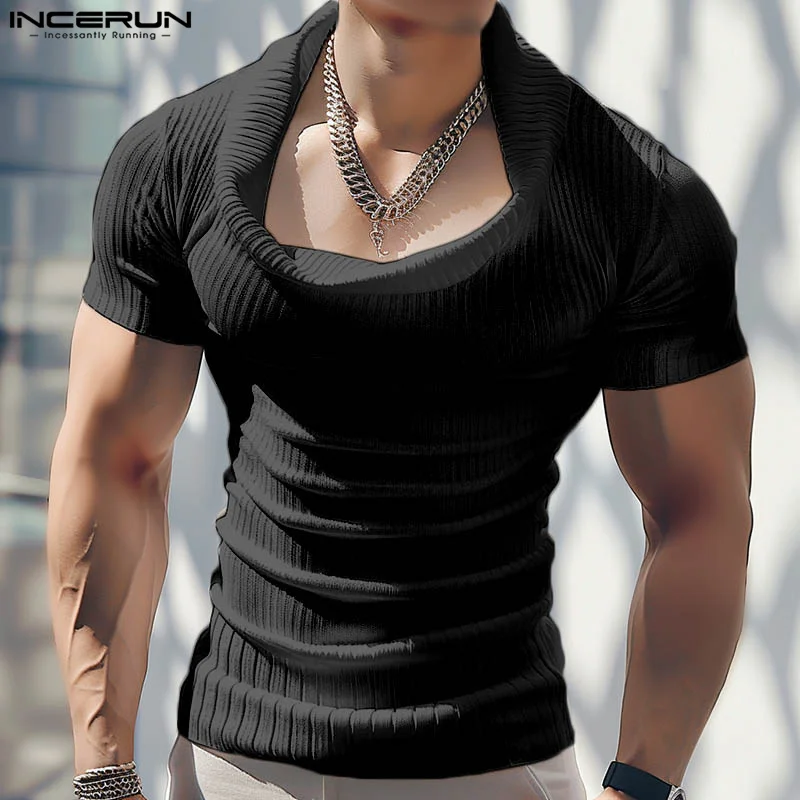 INCERUN 2024 Summer Tops Tee Men T-Shirts Fashion Party Shirts Men Clothing Solid Color Short Sleeve Chemise Oversized S-5XL