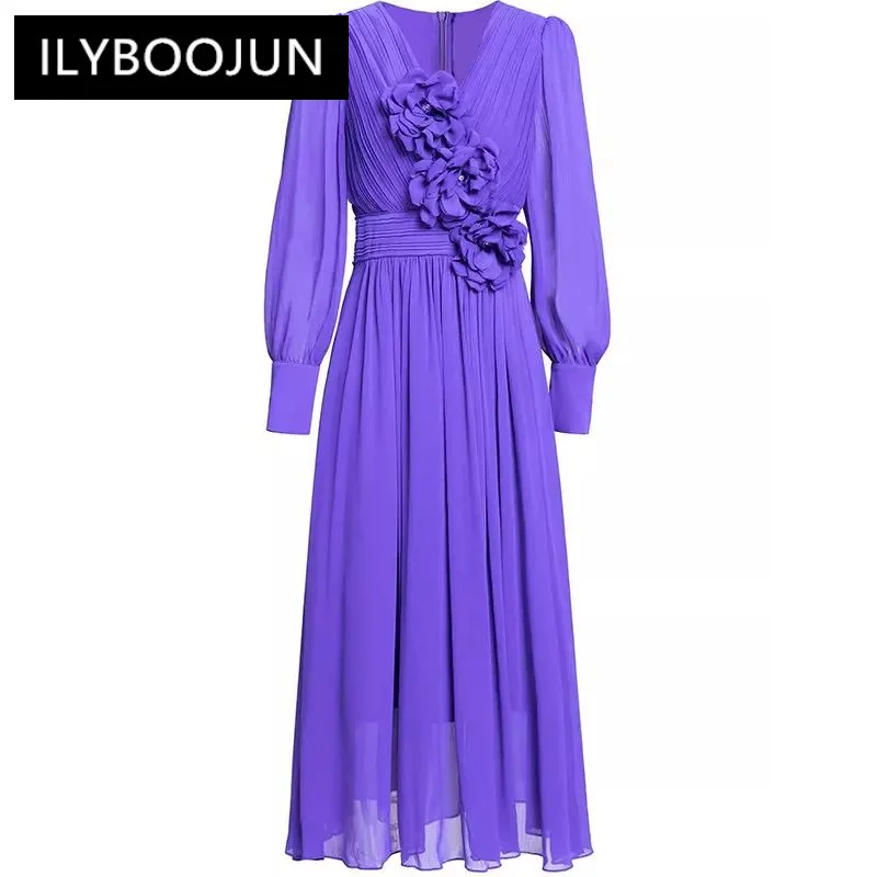 

Evening Solid Color Women's Dress Lantern Sleeved Chic Appliques Design High Waiste Pleated Dresses