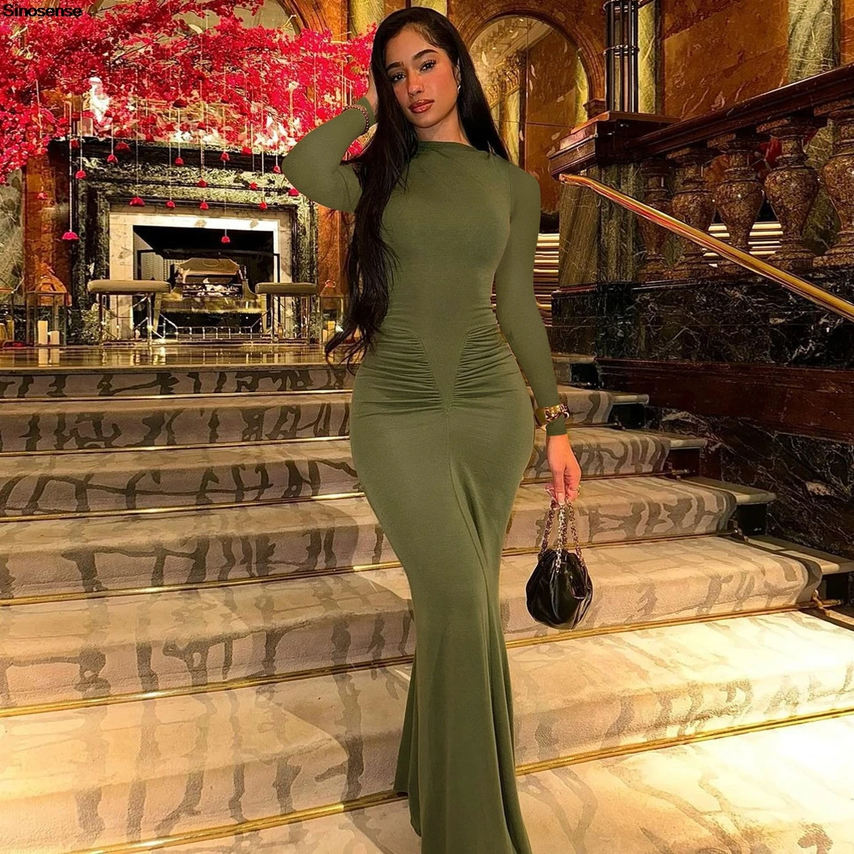 

Womens Elegant Cocktail Party Maxi Dress Crew Neck Long Sleeve Slim Ruched Bodycon Dress Daily Wear Lounge Night Out Club Dress