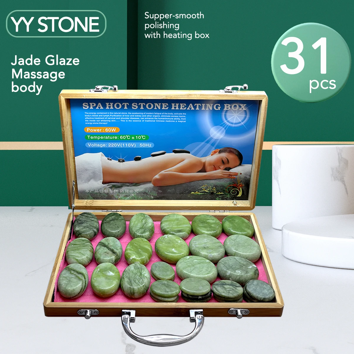 

Tontin 31pcs/set Jade glaze hot stone massage massager back massageador Health stones for massage spine basalt lava stone spa