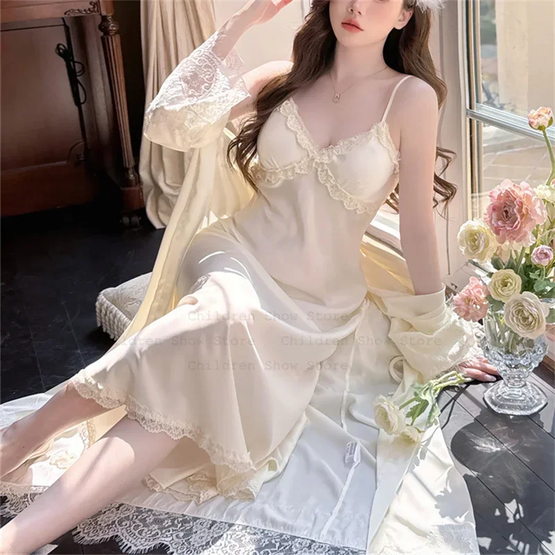 

Сексуальная одежда для сна с кружевной отделкой, длинное платье Vestidos De Novia, женский свадебный халат, длинное кимоно, интимное белье, одежда для сна, ночное белье