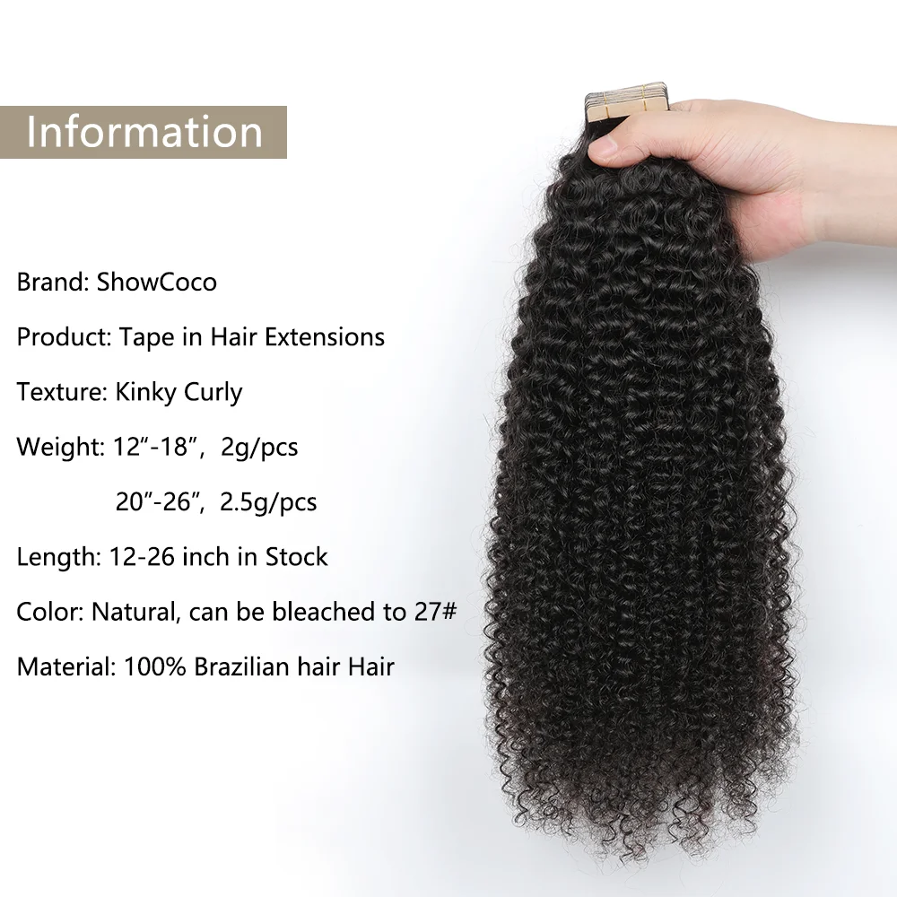 Kinky Curly Tape in Hair Extensions Human Hair Natural Black #1B Invisible PU Skin Weft for Black Women Seamless Full Head Hair