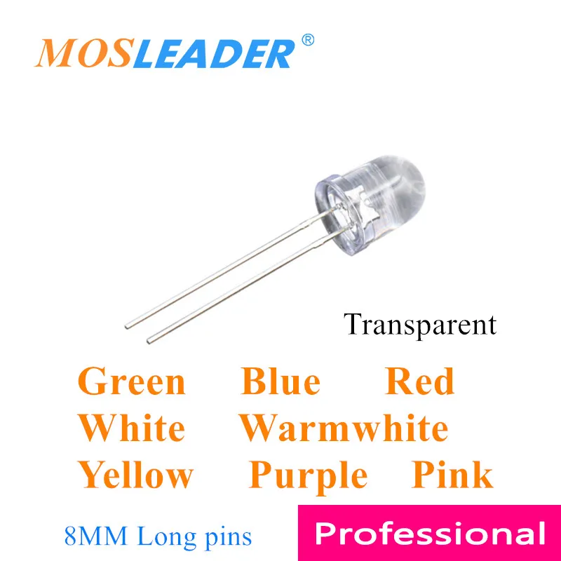 Mosleader 8 مللي متر LED 500 قطعة أخضر أزرق أحمر أبيض دافئ أبيض أصفر أرجواني وردي F8 شفاف قمة مستديرة دبابيس طويلة DIP LED
