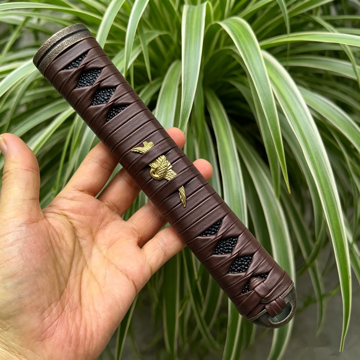 21CM Rikko Tsuka Hourglass Shape Handle Leather Ito Alloy Fuchi Kashira Fittings FOR JAPANESE SWORD SAMURAI KATANA ACCESSO