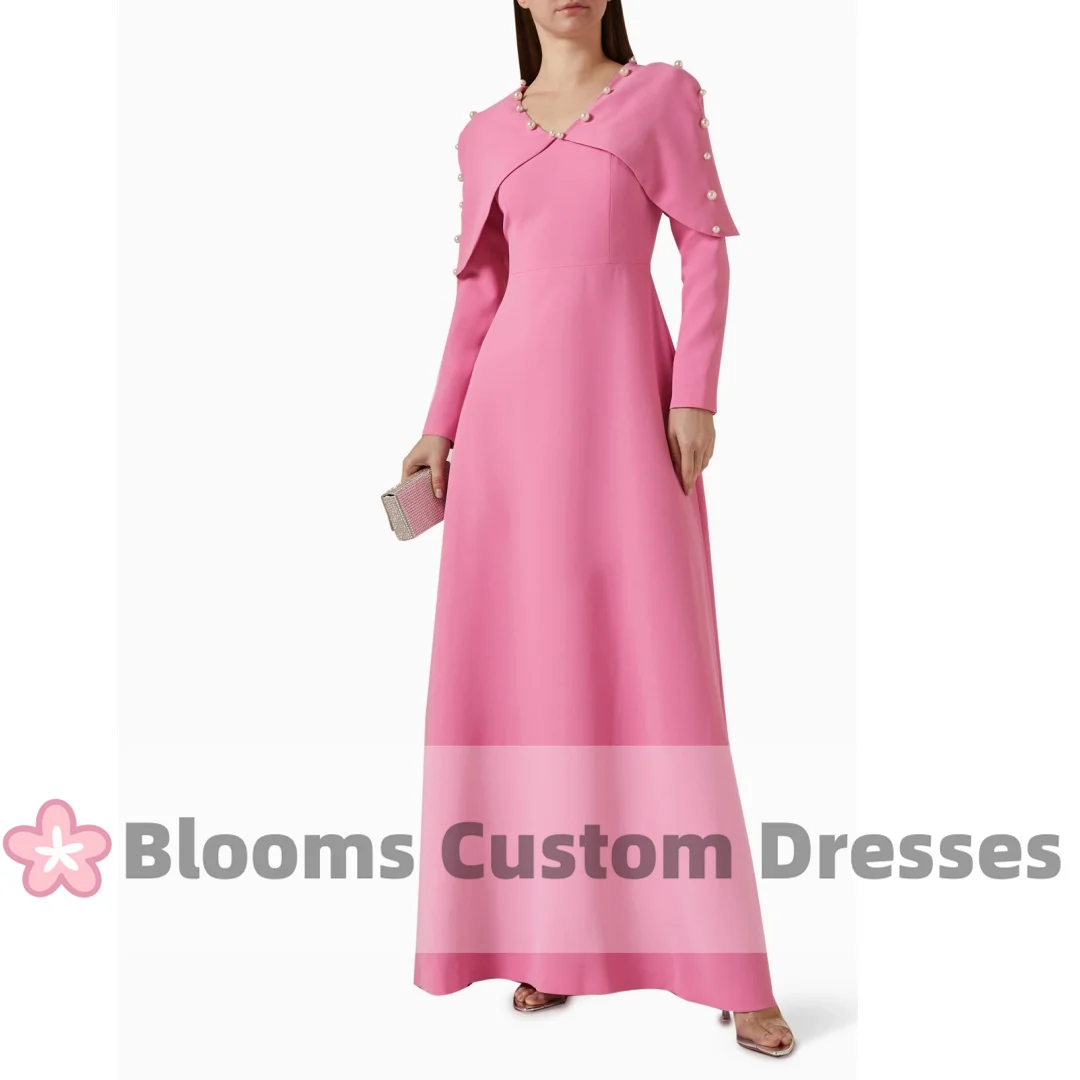 

Bloom Pearls Crepe Pink Prom Dresses Long Sleeves A-Line Noble Evening Dresses 2024 Elegant Wedding Guest Formal Gown